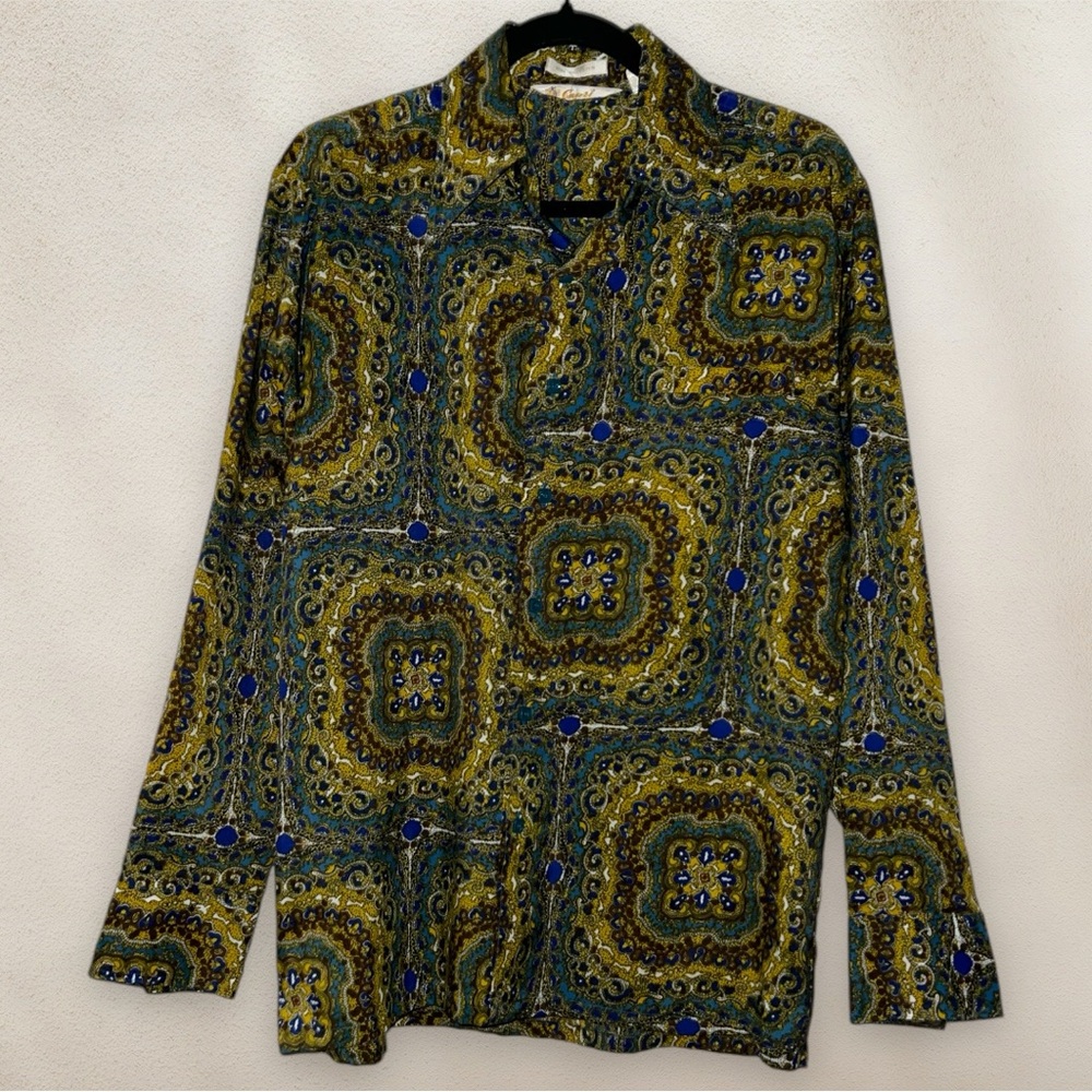 Vintage 70s Capri Disco Style Button Up Shirt Trippy Design Blue Yellow Medium